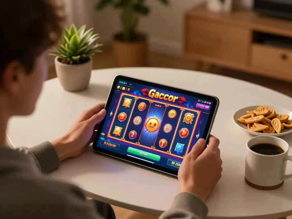 Engaging gameplay of slot gacor on a tablet in a cozy home environment.