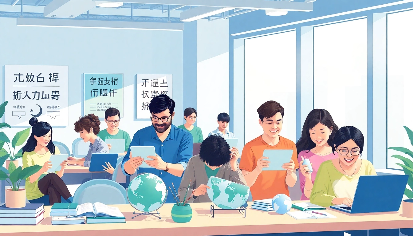 Dynamic workspace scene featuring diverse individuals learning languages with 有道 tools