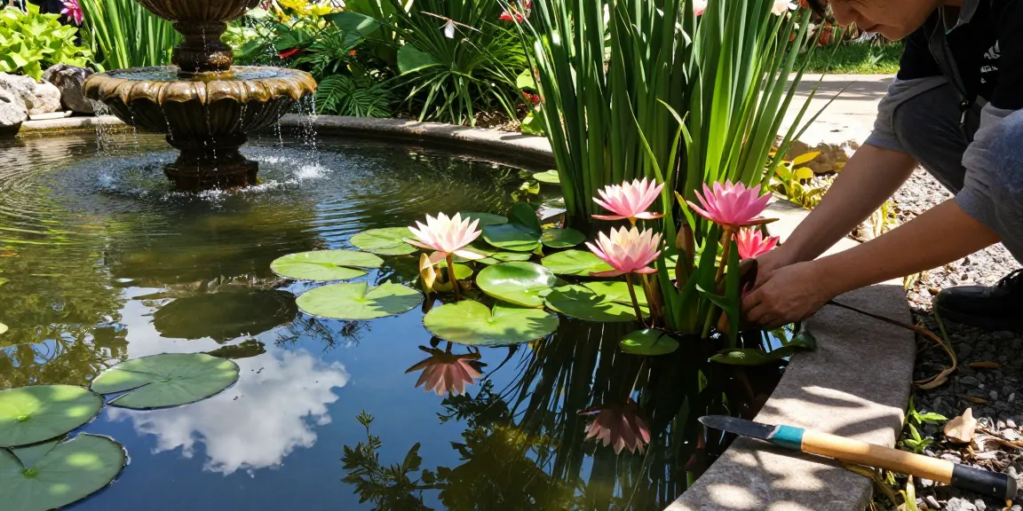 Vibrant water lilies in a tranquil garden pond setting, showcasing serene aquatic plant care.
