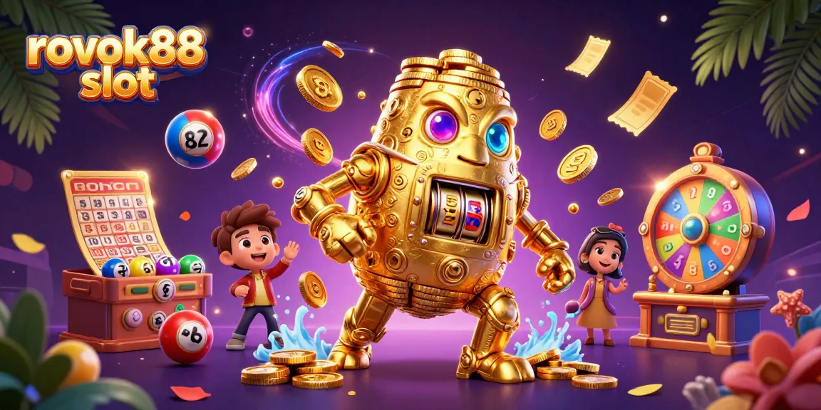 Engage with the vibrant rokok88 slot scene featuring a golden golem and dynamic casino elements.