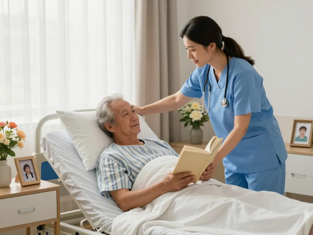 Caregiver adjusting giường bệnh nhân for a senior patient in a cozy bedroom.