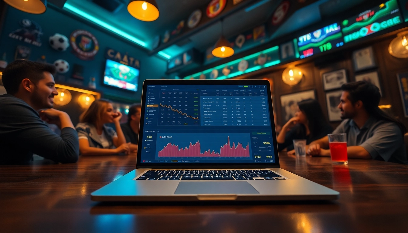Live football betting odds (tỷ lệ kèo) displayed on a modern digital interface in a lively sports bar.