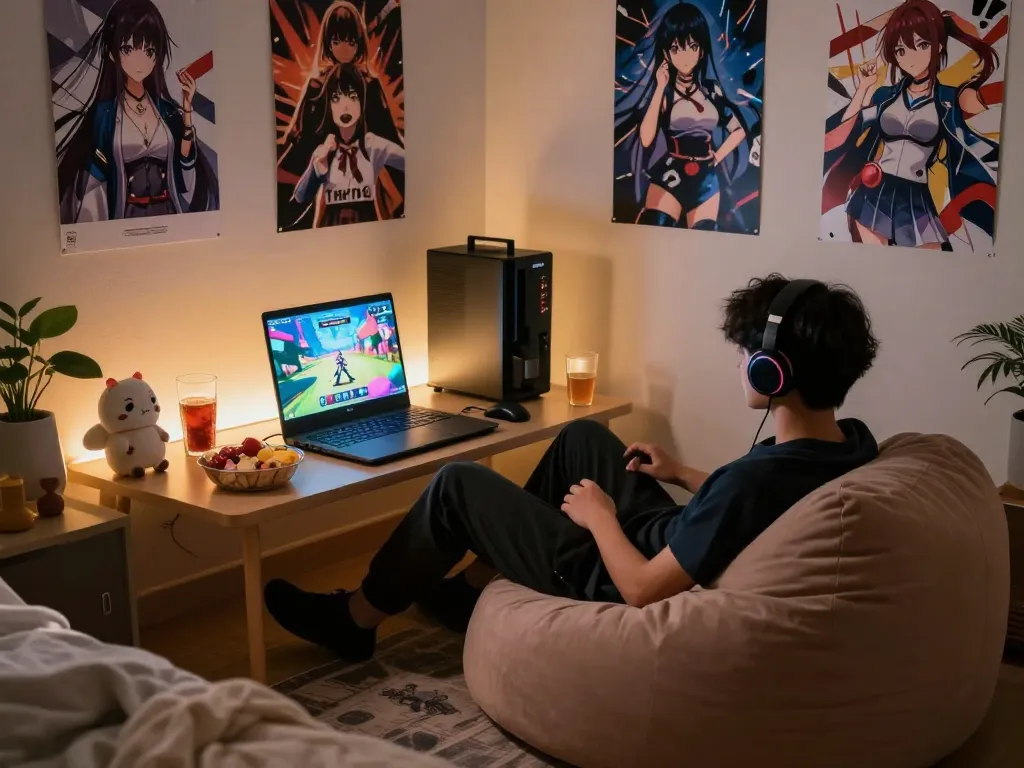 Engaging gamer playing a hentai game on a laptop in a cozy bedroom setting.