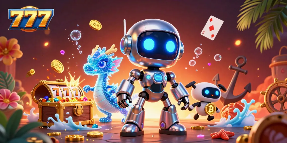 Engage with exciting 777 online gaming adventures featuring a cyberpunk robot and treasure elements.