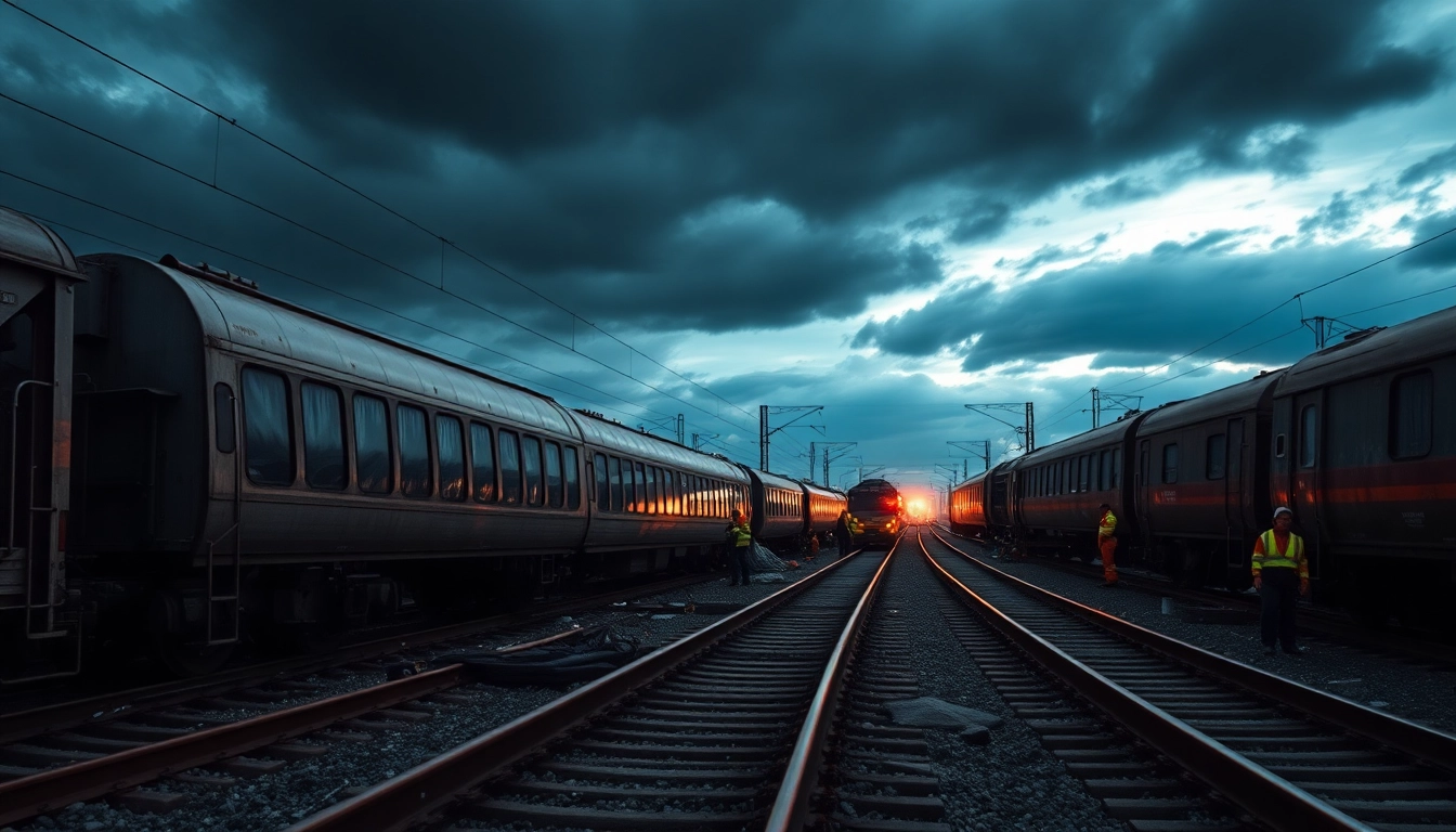 Derailment scene featuring emergency crews responding to a chaotic train accident.