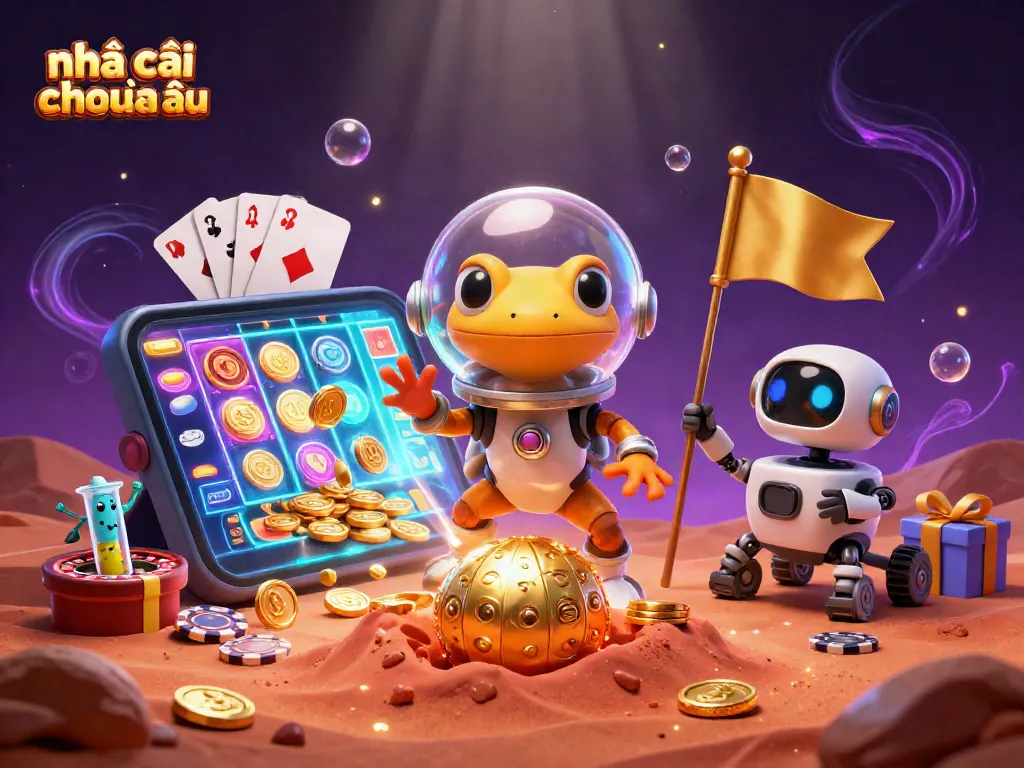 Nhà cái đến từ châu Âu trong một bối cảnh sòng bạc sống động, với các đồ chơi đánh bạc đầy màu sắc.