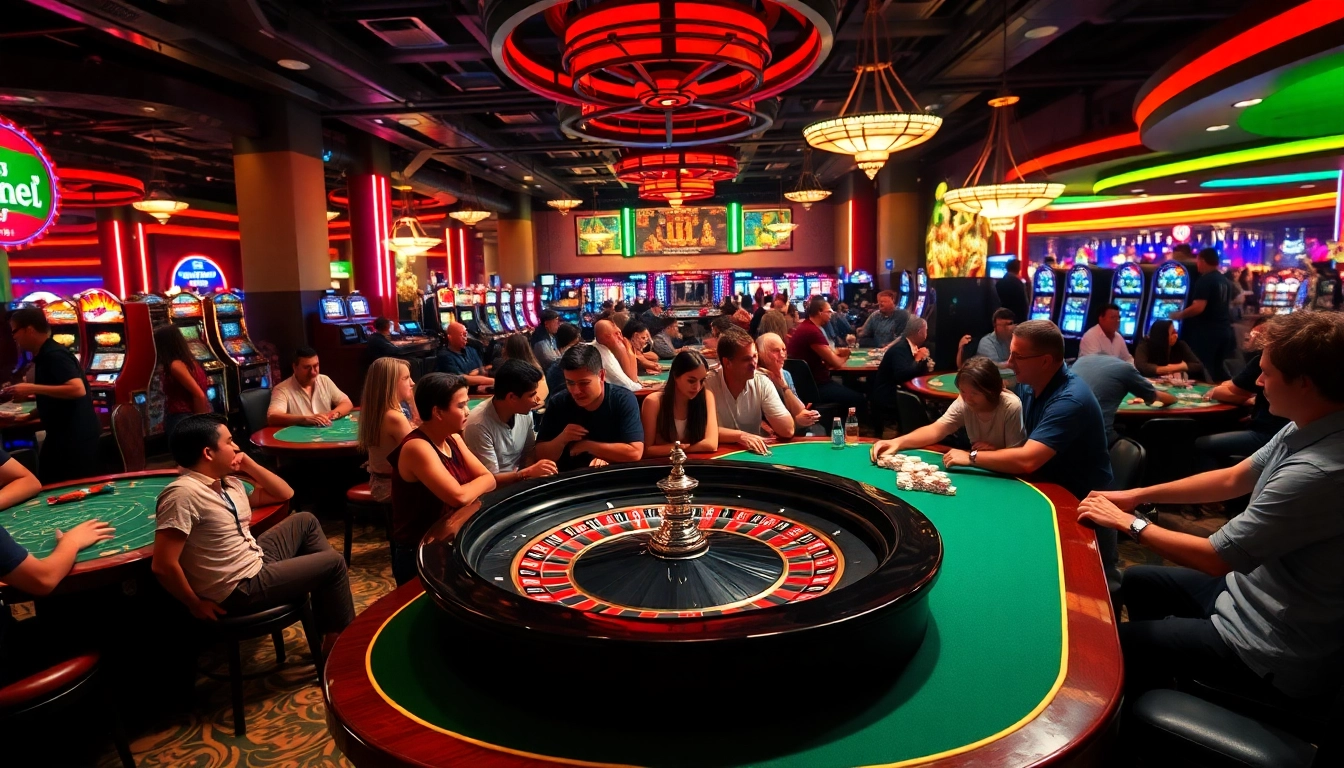 Situs toto dengan pemain yang bersemangat di meja roulette kasino yang ramai.
