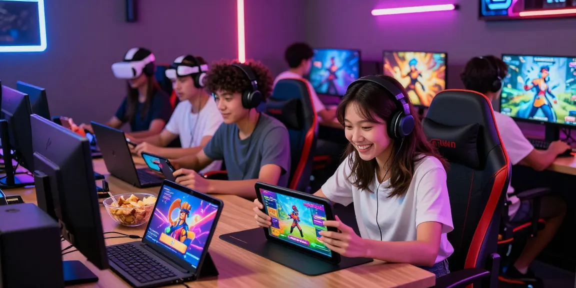Engaging gamers exploring HTML porn games in a vibrant lounge setting.