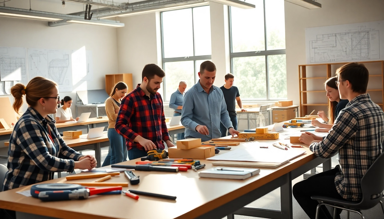 Engage in construction classes with students collaborating in a bright, professional setting.