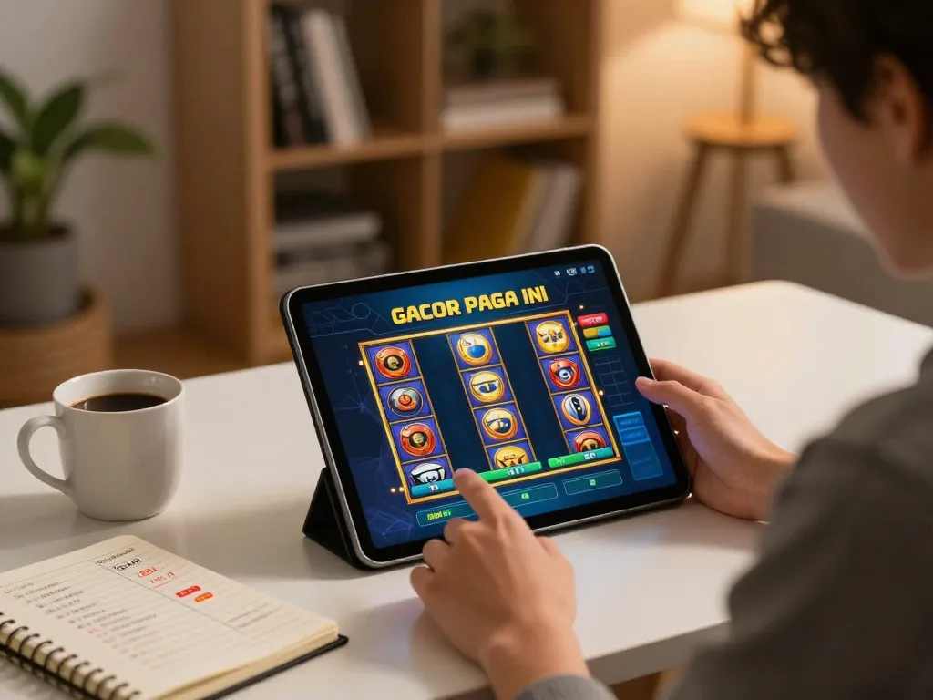 Engaging in slot gacor pagi ini gameplay on a tablet, showcasing warm home gaming setup with strategic notes.