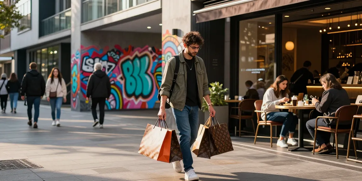 Shopper exploring 레플리카 사이트 in a dynamic urban scene, showcasing replica fashion items.