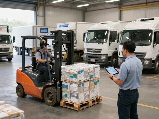 Frigo Spedition: Logistikteam bei der Überwachung von temperaturkontrollierten Lieferungen in einem Kühlhaus.