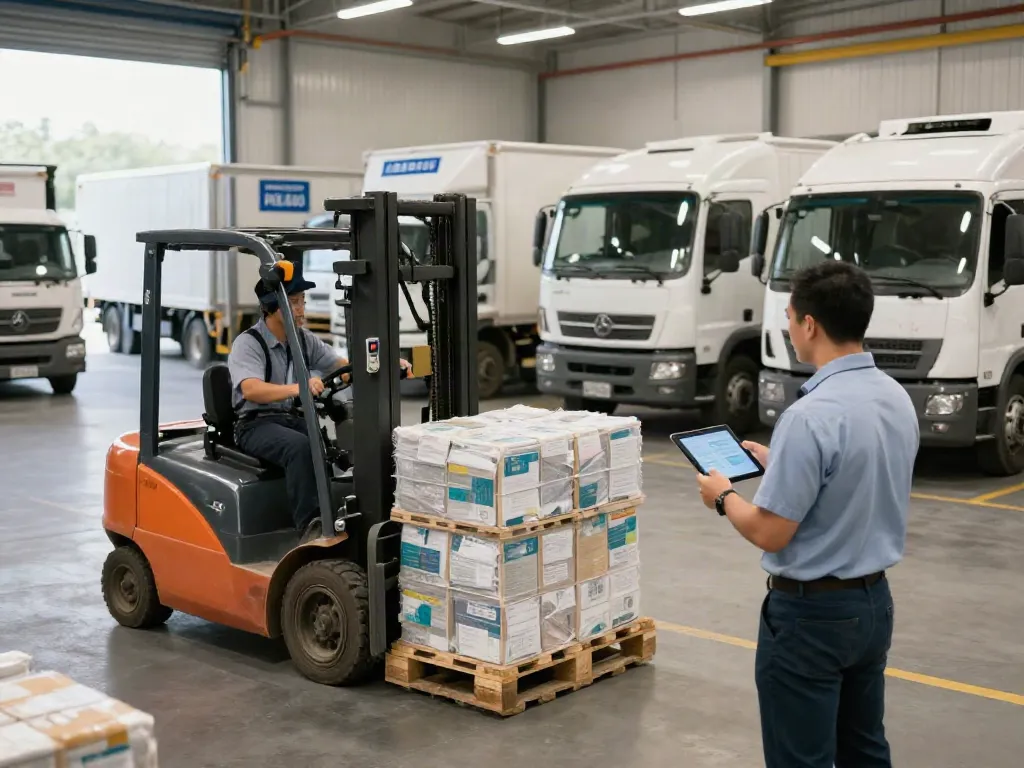 Frigo Spedition: Logistikteam bei der Überwachung von temperaturkontrollierten Lieferungen in einem Kühlhaus.
