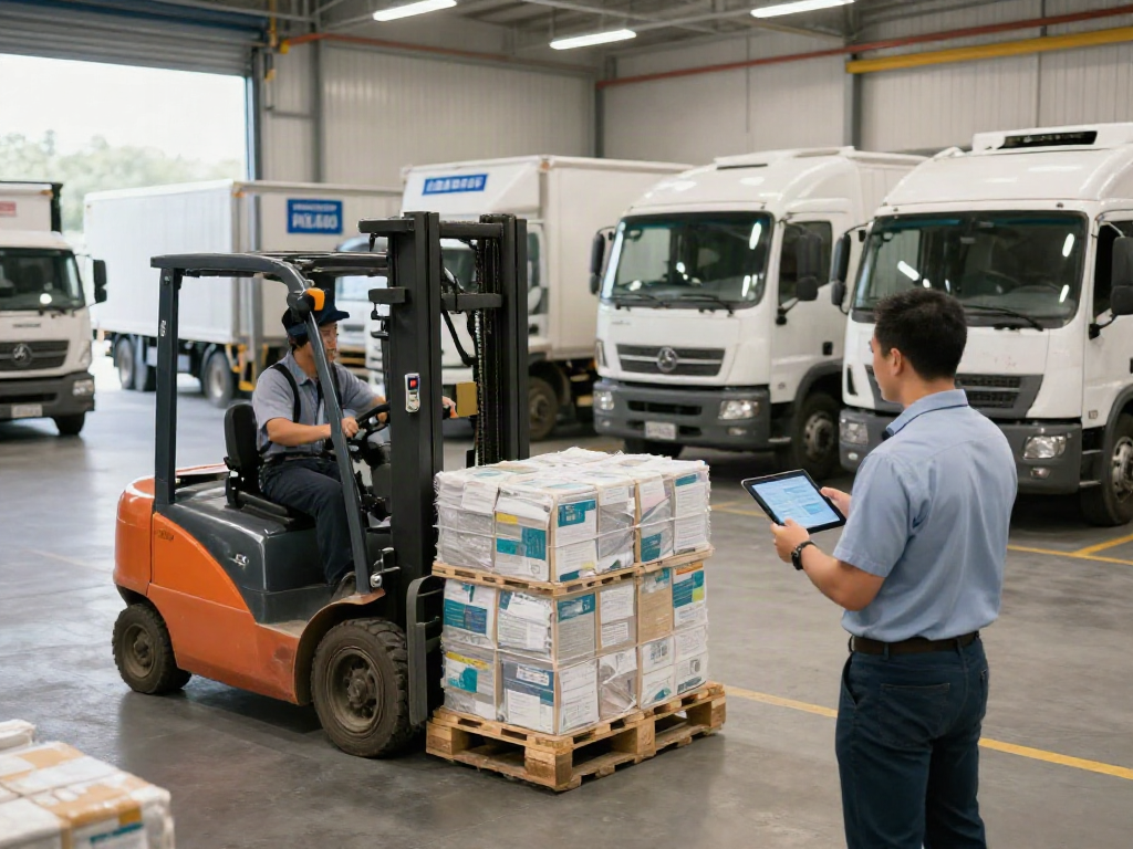 Frigo Spedition: Logistikteam bei der Überwachung von temperaturkontrollierten Lieferungen in einem Kühlhaus.