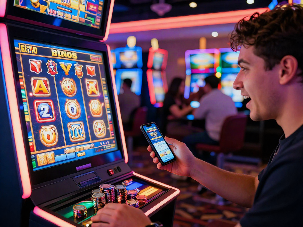 Excited player celebrating a slot bonus win at a vibrant casino.