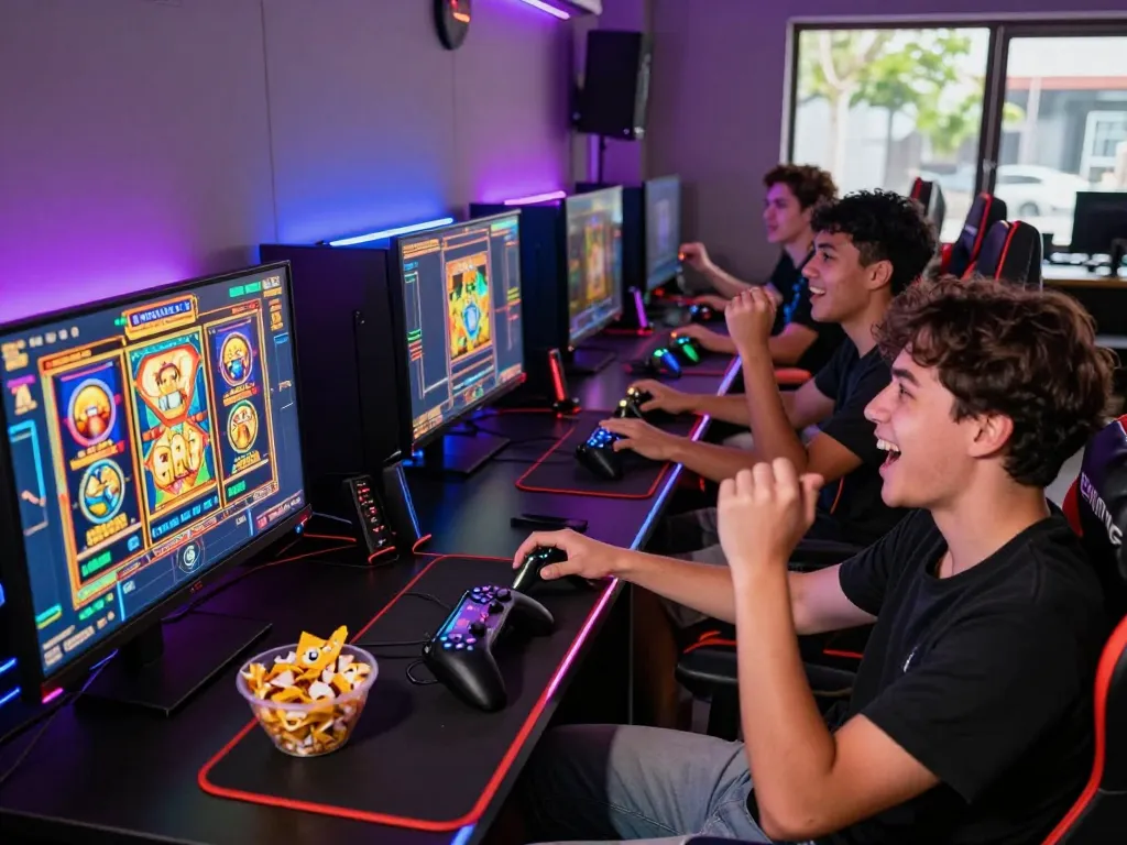 Group enjoying online gaming together while playing situs gacor slot games in a lively atmosphere.