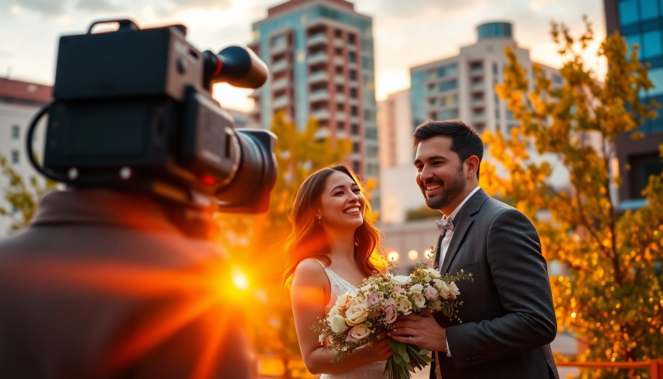 Showcasing an edmonton videographer capturing a couple's celebration in a vibrant sunset setting.