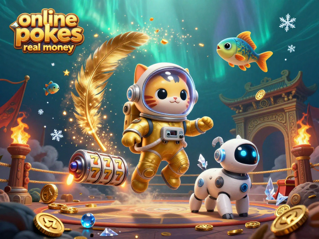 Engage with online pokies real money in a dynamic 3D casino illustration featuring a space astronaut cat.