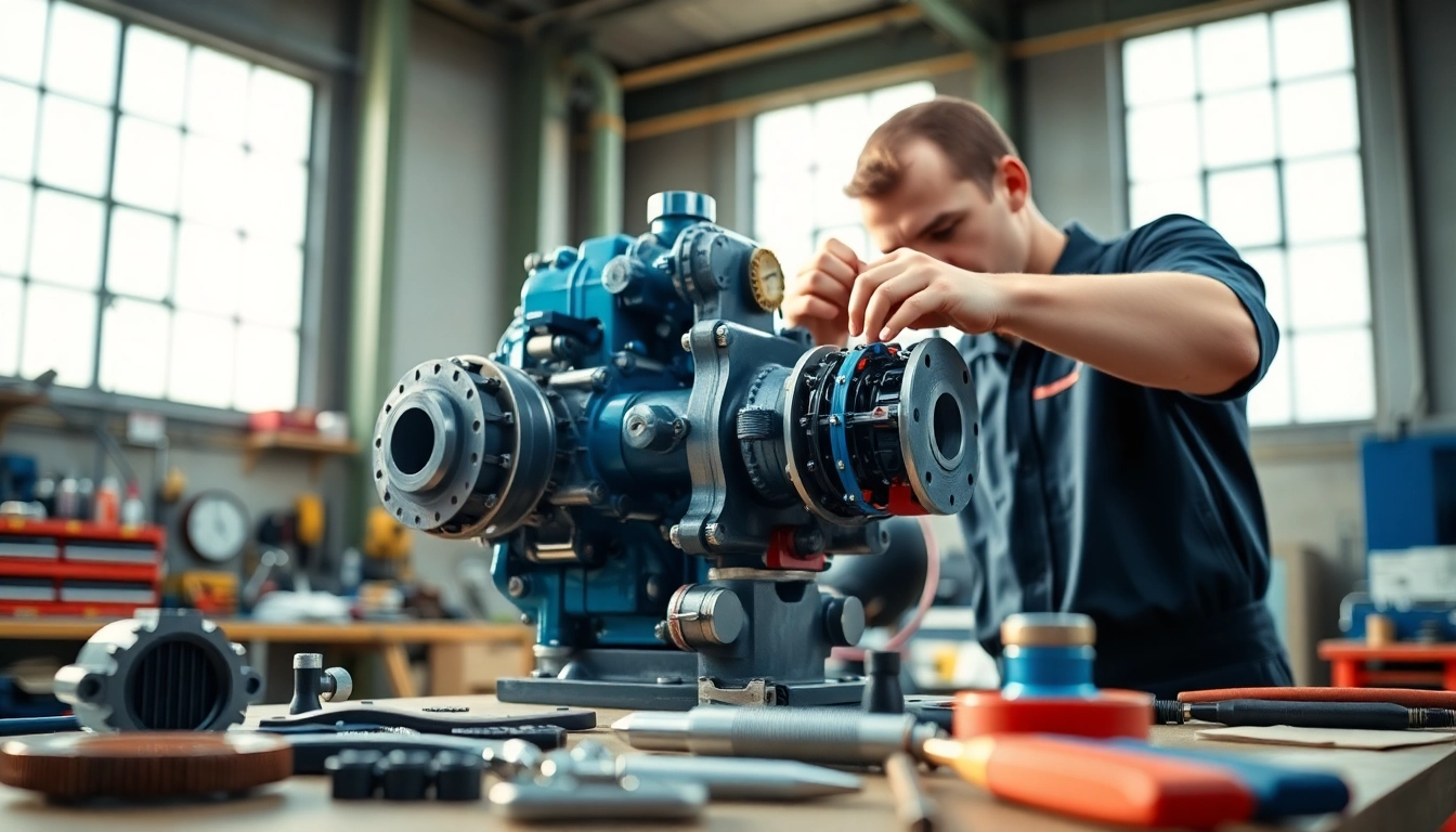 Offering hydraulic pump services with a technician repairing a pump in a well-lit workshop.