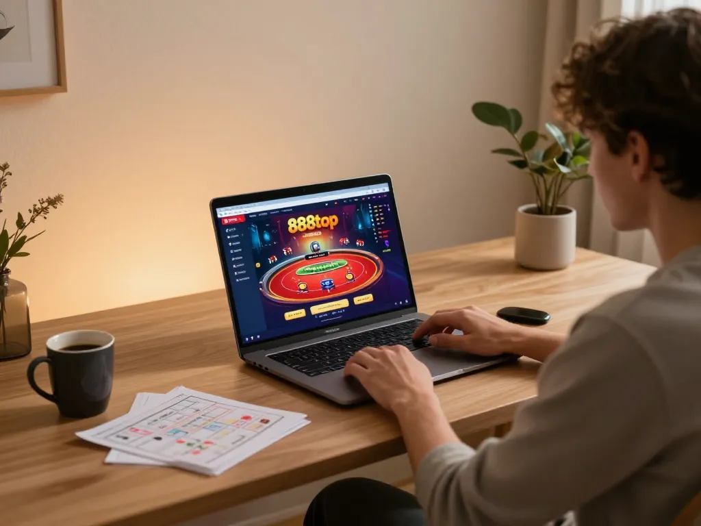 Player engaged with 888top casino app in a cozy home setup, emphasizing responsible gaming.