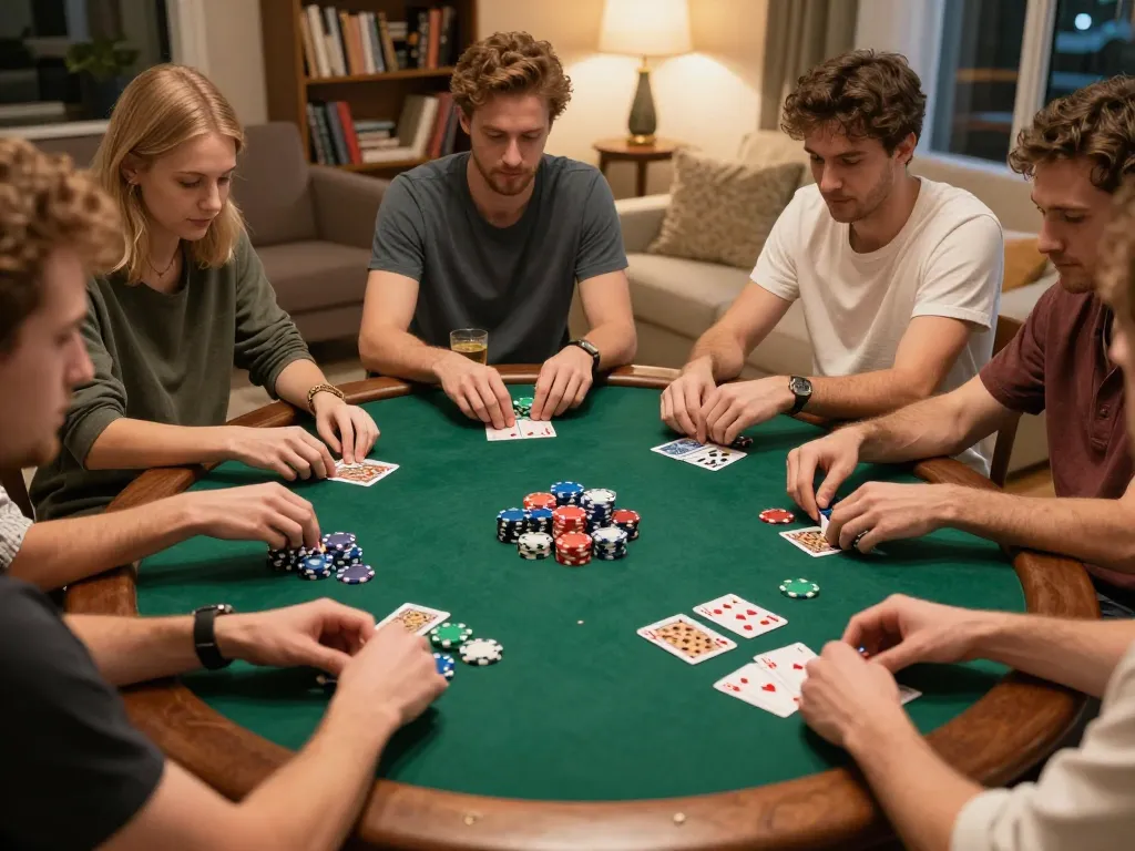 Cakhiatv poker night scene with friends engaging in a dynamic game, surrounded by snacks and drinks.