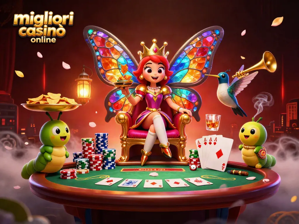 I migliori casinò online offrono una regina farfalla che guida un emozionante gioco di poker, circondata da fiches e atmosfera magica.