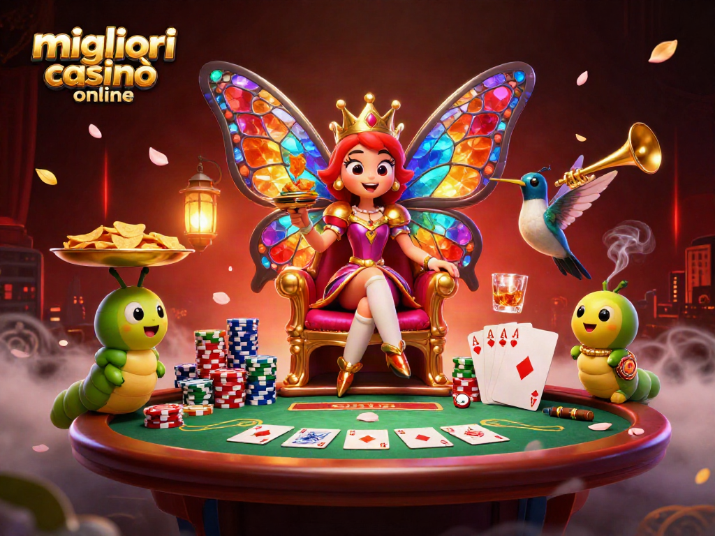 I migliori casinò online offrono una regina farfalla che guida un emozionante gioco di poker, circondata da fiches e atmosfera magica.