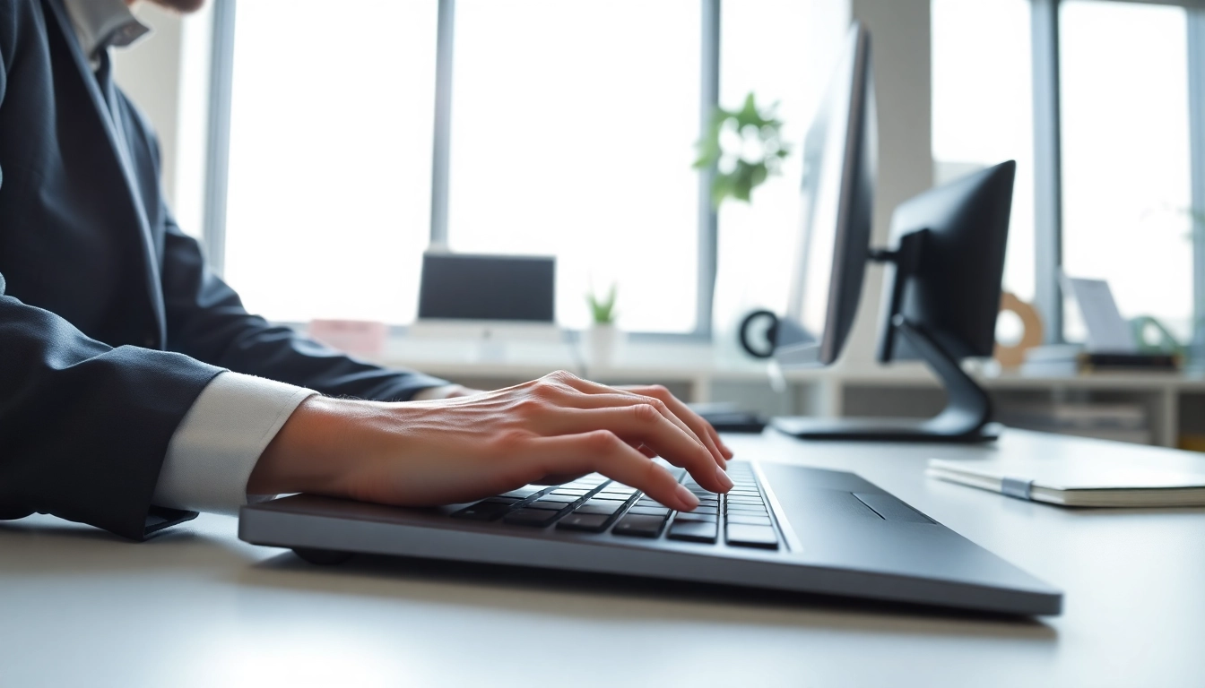 Master typing skills at a professional typing center with a skilled typist focused on their keyboard.