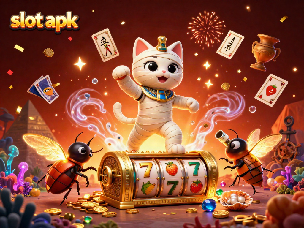 Experience the thrill of the slot apk with a dynamic scene featuring an Egyptian mummy cat, treasure, and casino elements.
