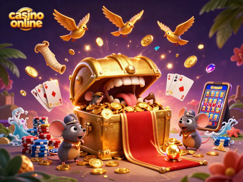 Disfruta de un emocionante juego en casino online con un cofre del tesoro dorado y monedas volando en la escena.