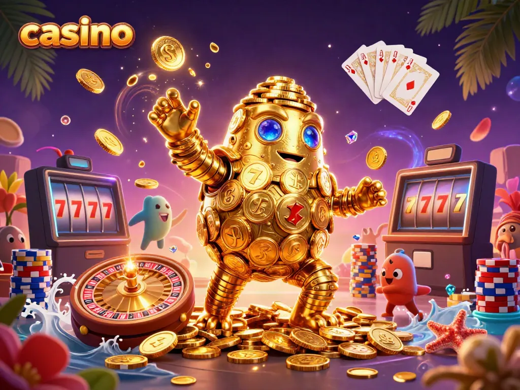 Enjoy immersive casino gaming with a golden golem, vibrant games, and sparkling gems.