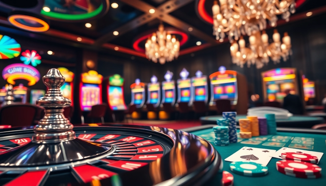 L'atmosphère vibrante de la meilleure casino en ligne, avec une roue de roulette et une table de poker, invite à un gameplay palpitant.