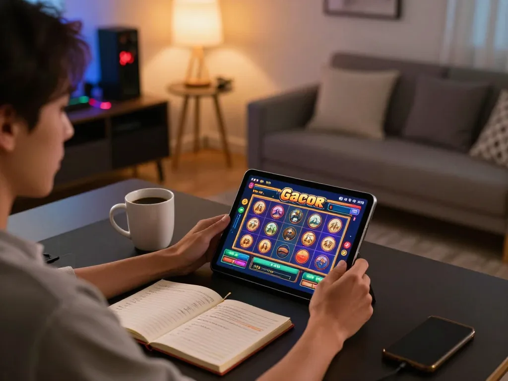 Engaging with slot gacor on a tablet during a cozy home gaming session, showcasing betting notes and coffee.