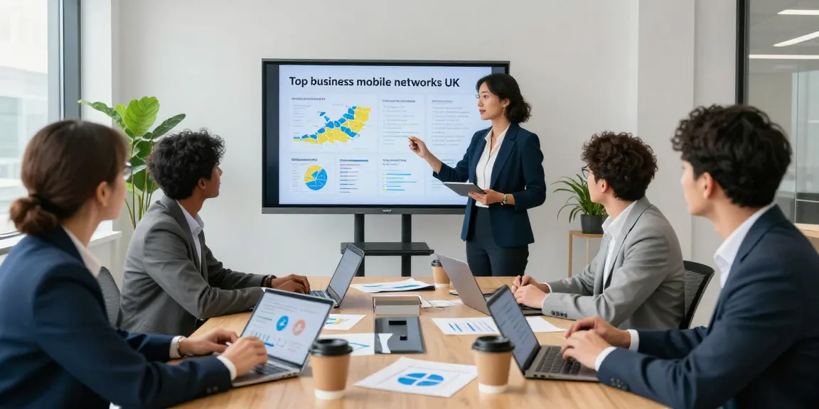 Team discussing the top business mobile networks UK in a modern conference room.