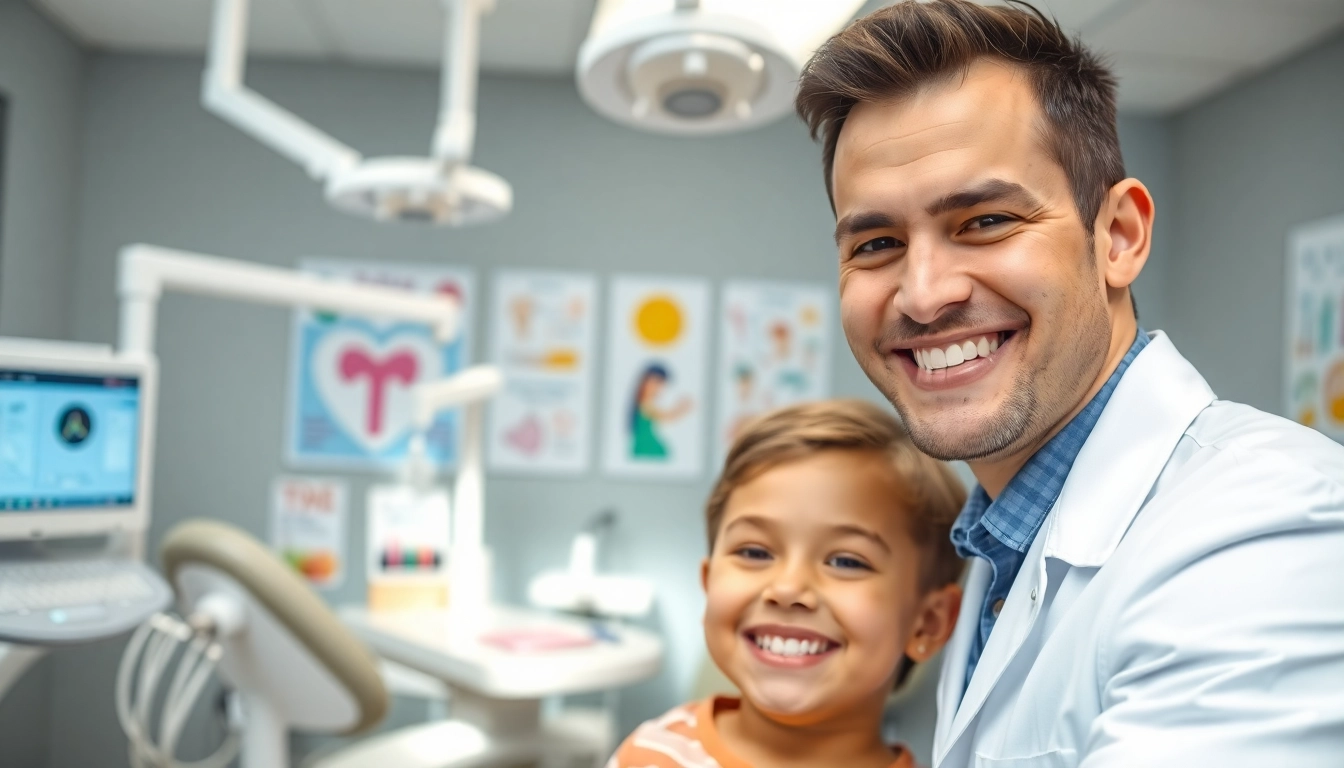 Orthodontist near me interacting with a young patient in a bright, modern dental clinic.