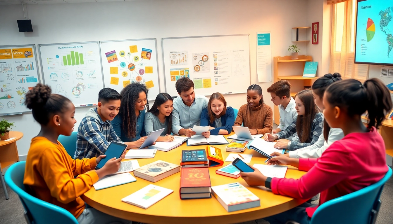 Engaging education scene featuring diverse students collaborating in a modern classroom.