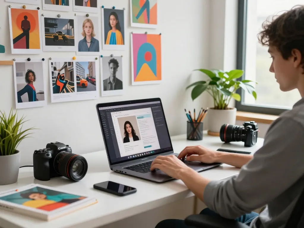 Energizing workspace where an AI image to prompt generator is in use, illustrating a creative process with vibrant images and modern tech.