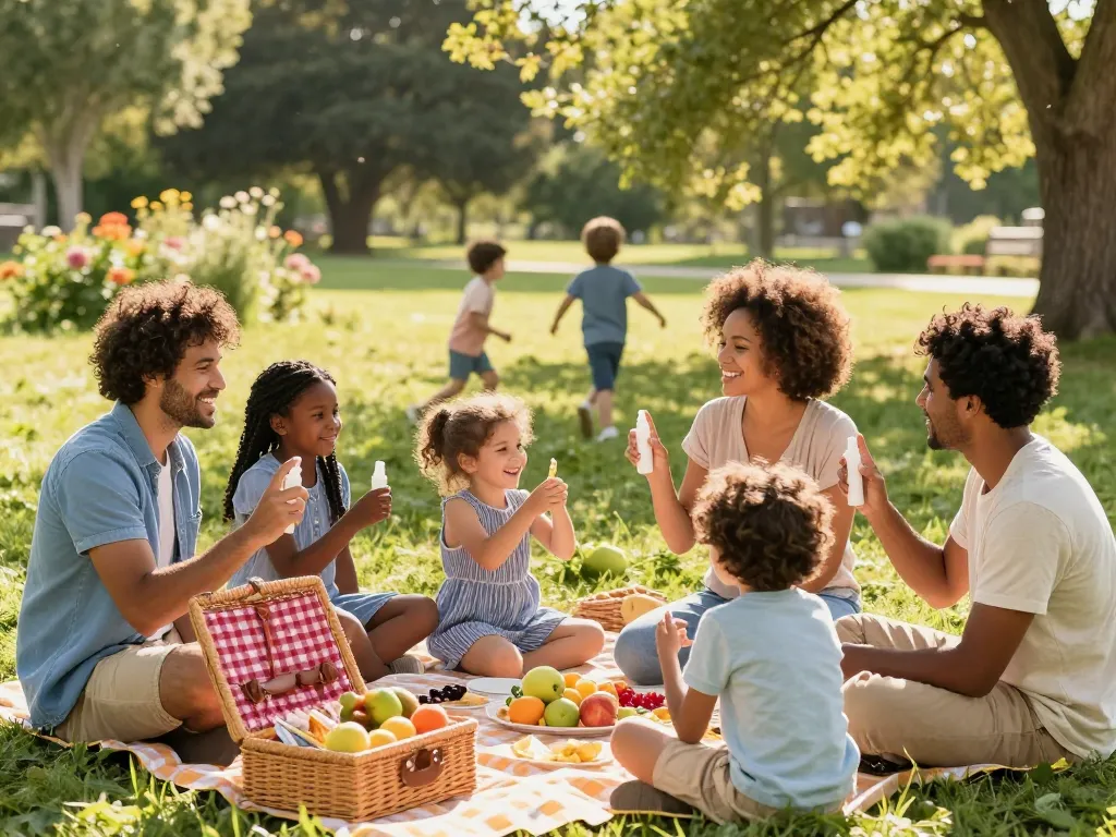 Family applying mosquito repellent while enjoying a picnic outdoors