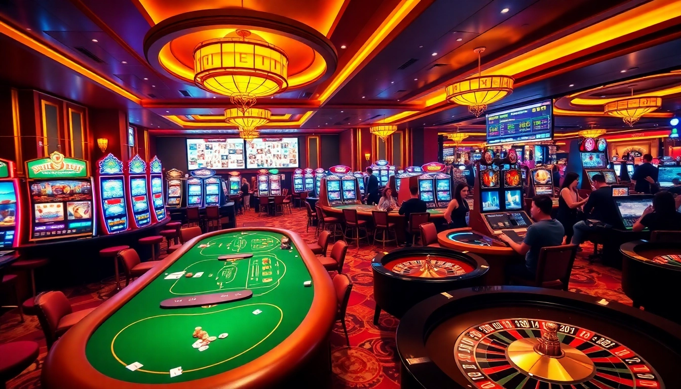 Excited players engaging in Hi88 casino games with vibrant slot machines and elegant tables.