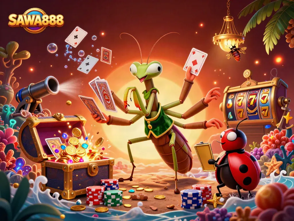 SAWA888 showcases passionate gamblers enjoying a dynamic casino experience with lively characters.