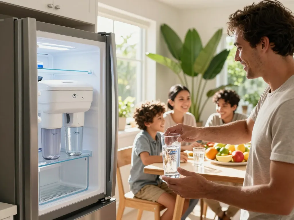 Family enjoying fresh water from Waterdrop Replacement for GE® RPWFE® filter in a bright kitchen