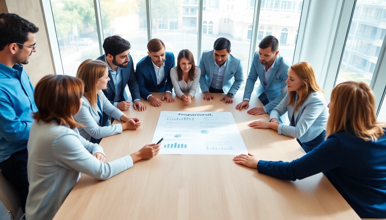 Enhancing Proposal Writing and Management through collaborative teamwork in a bright conference room.