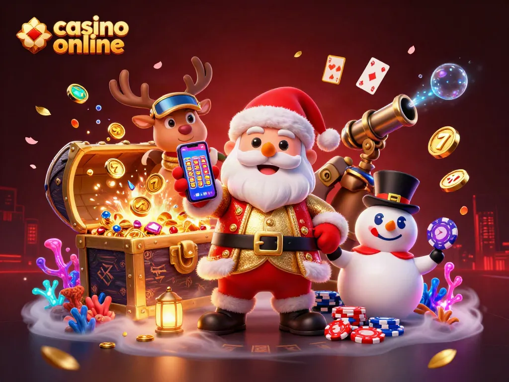 Gana en el casino online con Santa, sus amigos y premios increíbles en esta colorida ilustración 3D.