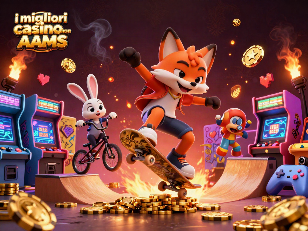 I migliori casino non AAMS presentano un'illustrazione accattivante di un'energica volpe skateboardista e un coniglio BMX, con simboli di casinò colorati.