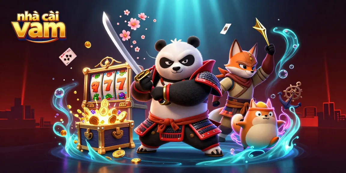 A vibrant illustration of nhà cái vmax featuring a samurai panda and ninja fox in a dynamic casino scene with overflowing treasures and gaming elements.