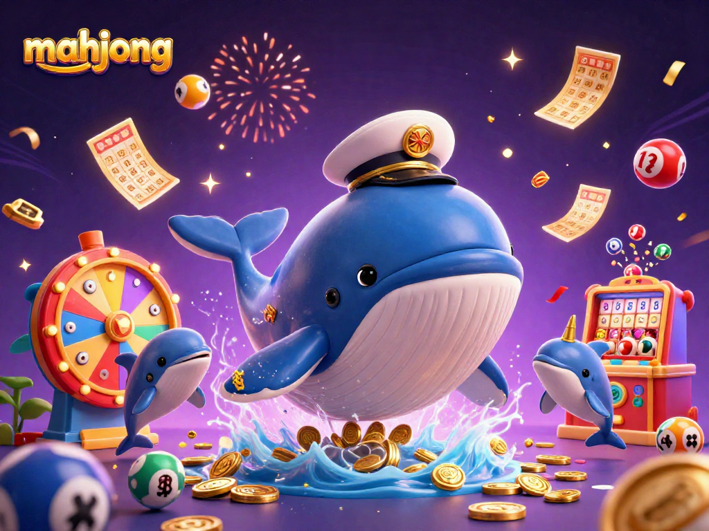 Play mahjong with energetic dolphins and a captain whale in this vibrant 3D casino illustration.