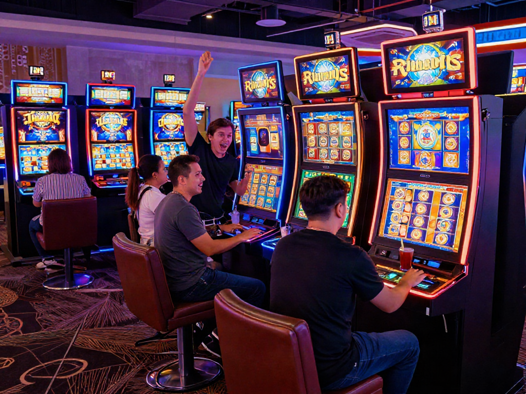 Players enjoying vibrant slot machines while discussing exciting slot bonuses in a lively casino atmosphere.