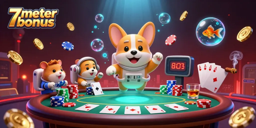 Experience the excitement of the 7meter bonus in a cosmic casino setting with floating characters and poker action.