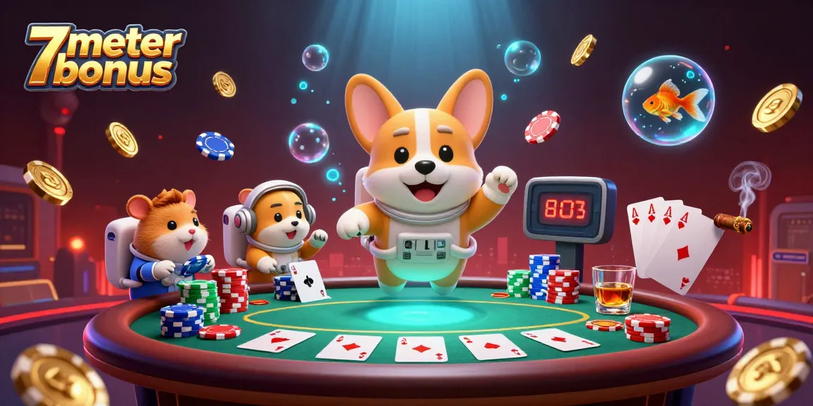 Experience the excitement of the 7meter bonus in a cosmic casino setting with floating characters and poker action.