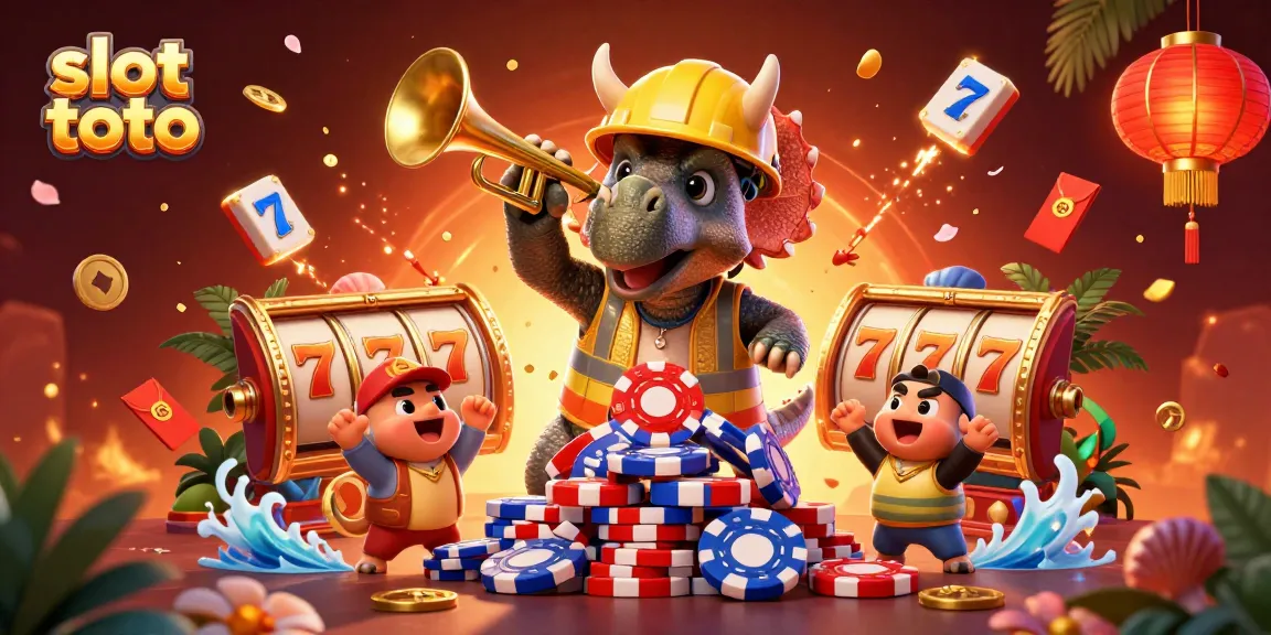 Engage with slot toto as a triceratops builds a poker chip pyramid amid festive decorations.